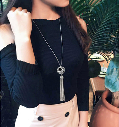 Long Tassel Necklace Silver Tone Lovely Knot Tassel Pendant Knot Snake Chain for Women