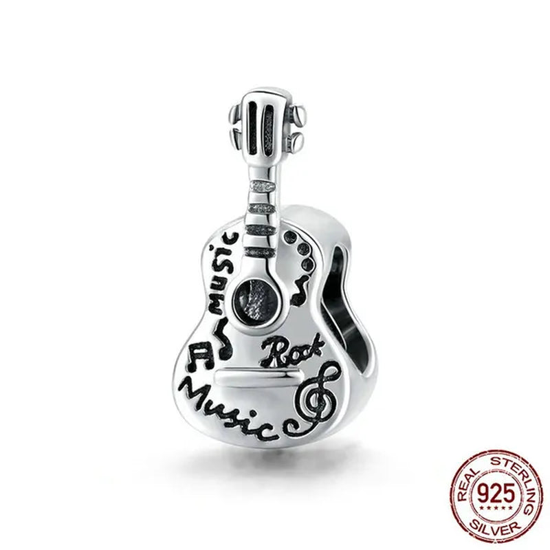 Fashion 925 Sterling Silver Simple Guitar Charm Fit Original Bracelet Diy