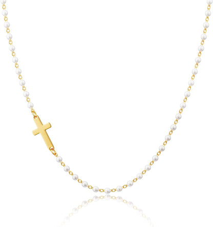 Pearl Cross Necklace for Women – 14K Gold Plated Faith Religious Jewelry
