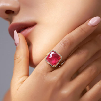 Natural Gemstone Rings, 14K Gold/Rhodium Plated Genuine Gemstone Square Ring with Zirconia for Women Girls, Birthstone Rings Jewelry Gifts for Valentine'S Day, Birthday (Available 6,7,8,9)