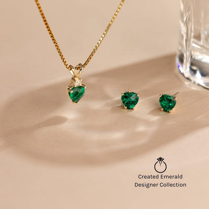 Created Emerald with Genuine Diamond Pendant for Women 14K White Gold, Elegant Teardrop Solitaire, Pear Shape, 10X7Mm, 1.75 Carats Total