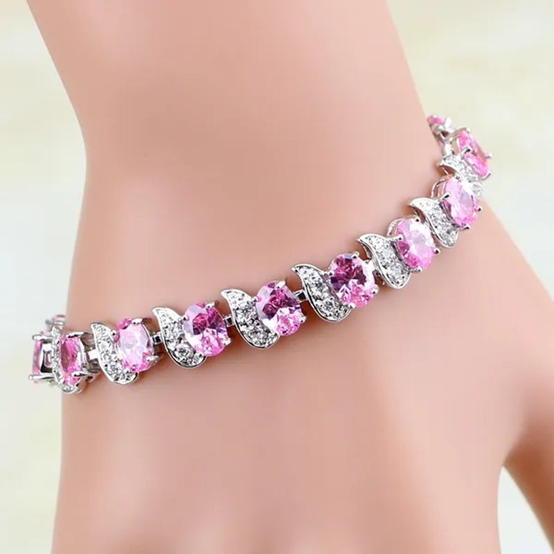925 Sterling Silver Jewelry Pink Zircon Stones Chain & Link Charm Bracelet Christmas Gifts For Women