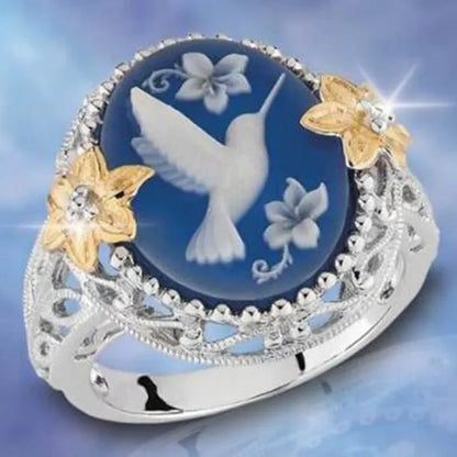 Exquisite Bridal Ring White Bird Pigeon Dove Blue Wax Zircon Jewelry Flower Exaggerated Engagement Cocktail Party Wedding Band Rings for Women