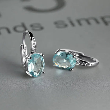 1Pair 925 Sterling Silver 14K White Gold Hoop Earrings New Fashion Oval Cut Aquamarine Amethyst Topaz Sapphire Diamond Earrings Drop Dangle Earrings Gift