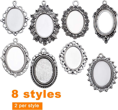 16 Pieces Bezel Pendant Trays, 18X25Mm Oval Pendant Trays Bezels Cabochon Settings Trays Pendant Blanks for Crafting DIY Jewelry Making - 8 Styles, Antique Silver