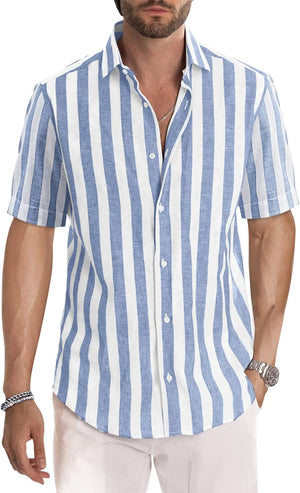 Men'S Casual Stylish Short Sleeve Button-Up Striped Dress Shirts Cotton Beach Shirt