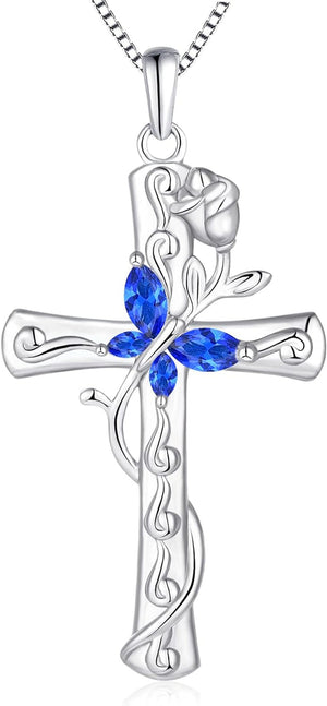 Butterfly Cross Necklace Sterling Silver Cubic Zirconia Rose Pendant Birthstones Crucifix Jewelry for Women