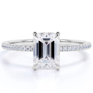 1.75 Carat Emerald Cut Moissanite and Diamond Pave Engagement Ring in 10K White Gold