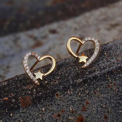 NEW Gold  Love Heart Star White Sapphire Diamond Stud Earrings for Women Wedding Engagement Bride Jewelry Gift