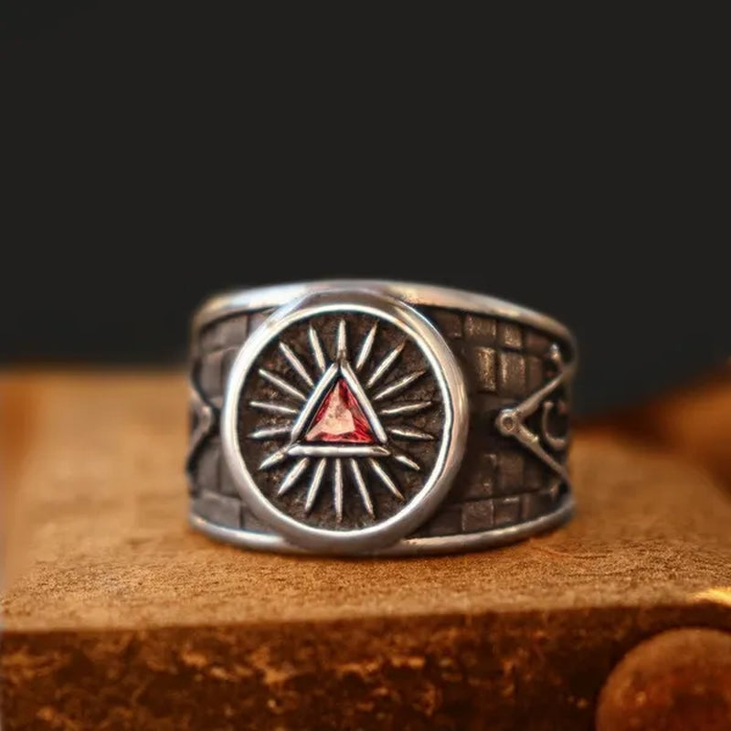 Retro Masonic Triangle Ruby Ring Mason Master Ring 316L Stainless Steel Ring Masonic Jewelry Punk Party Ring - WORLD TIME VISITS