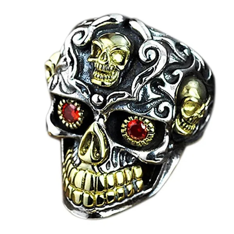 Vintage Fashion Punk Personality Two-Tone Stainless Steel Skull Ring Retro Ruby Inlay Men'S Punk Jewelry Size 7-14