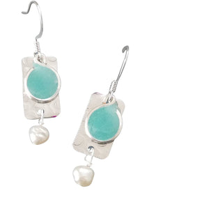 Handmade Lightweight Sapphire Blue and White Pearl Rectangle Drop Womens Earrings