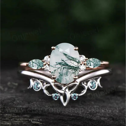 Exquisite Women's Fashion Two Tone Silver & Rose Gold Oval Cut Green Moss Agate & Blue Sapphire Ring Set Anniversary Gift Engagement Wedding Rings Jewelry Size 5-10