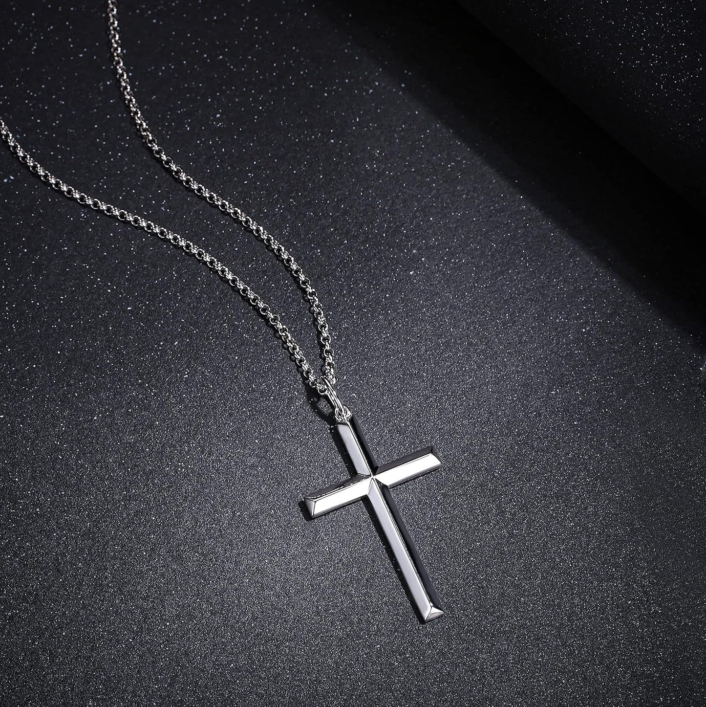 White Gold Plated 925 Solid Sterling Silver High Polished Heavy-Duty Cross Crucifix Pendant Necklace Fine Jewelry Gifts for Him Men Father, Rolo Chain Length 24 INCH/ 60CM