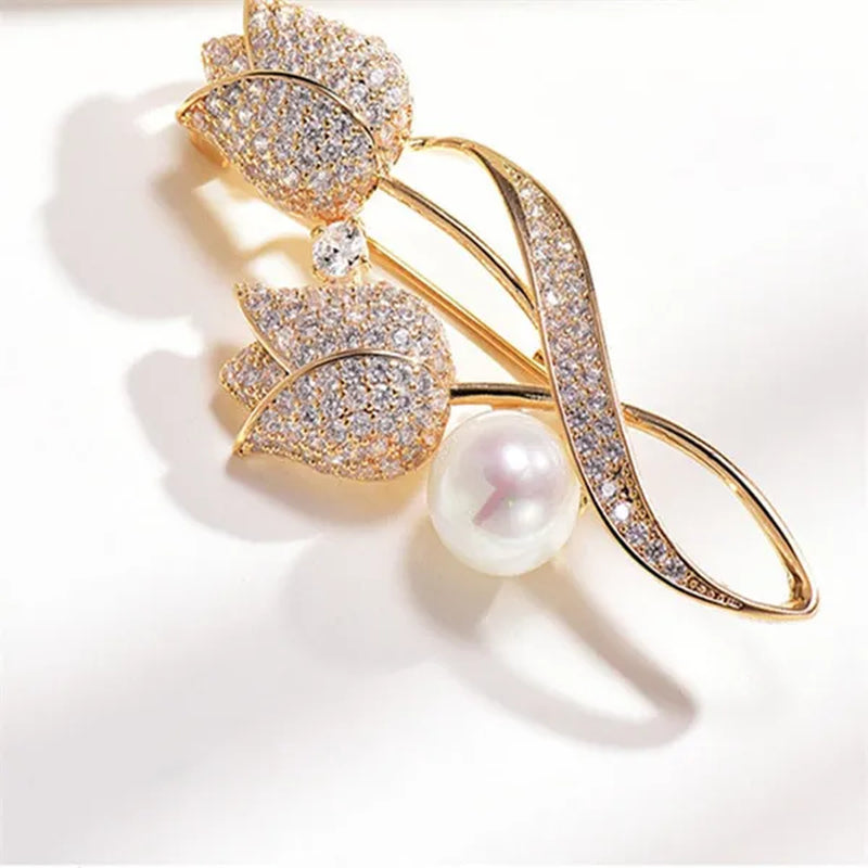 Brooch Rhinestone Tulip Flower Brooch Anti-Glare Suit Brooch Collar Pin Jewelry