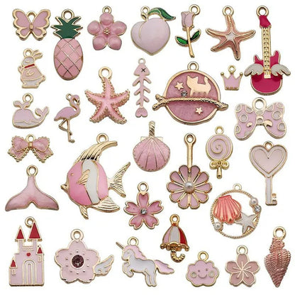 30Pcs Mixed Pattern Pink Drop Oil Fish Flower Horse Enamel Charm DIY Jewelry Bracelet Necklace Pendant Gold Tone Float Finding