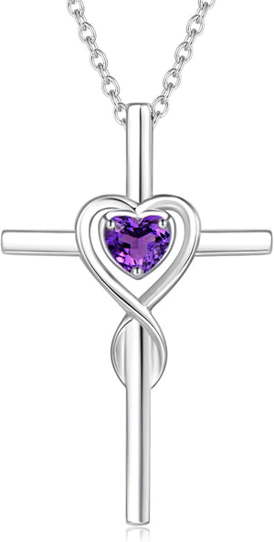 Birthstone Cross Necklace for Women Birthstone Necklace Heart Infinity Cross Pendant Necklace Fine Jewelry Christmas Birthday Holiday Gifts for Her, 16"+2" Inches