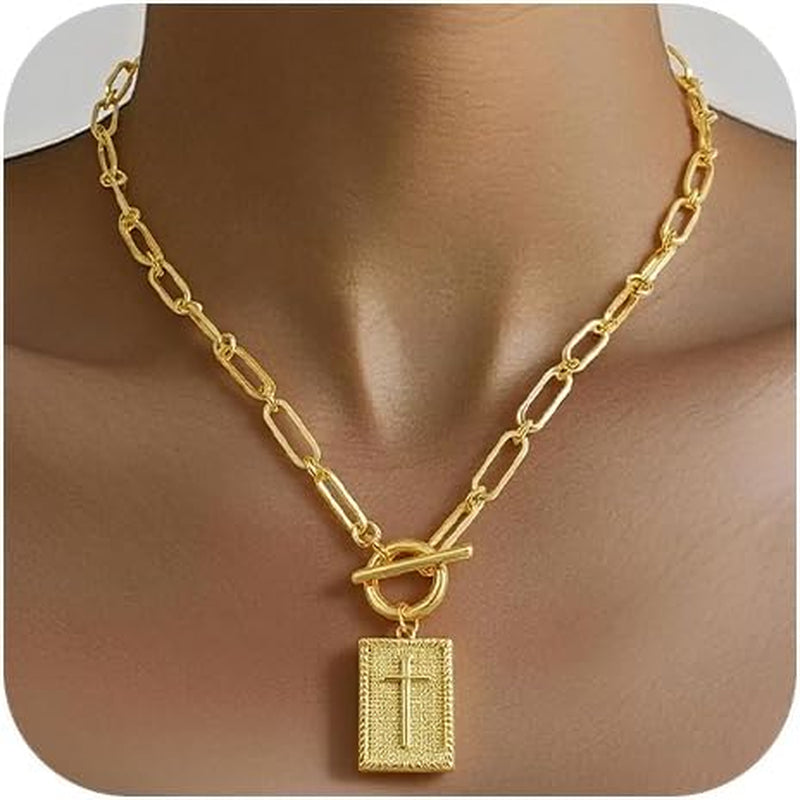 Cross Necklace for Women, No Tarnish 14K Gold Plated Necklace with Cross Pendant Paperclip Chain Toggle Clasp, Religious Christian Faith Jewelry, Necklace Gifts for Women Birthday, Christmas