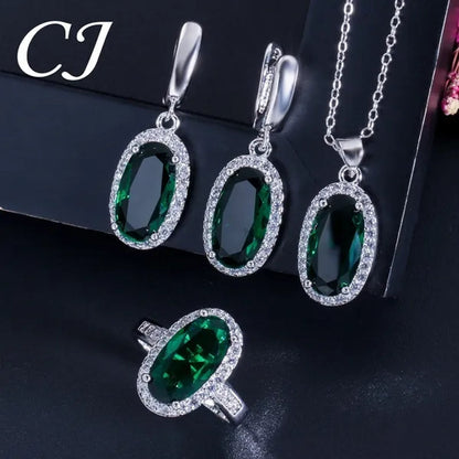 CANDICE Fashion Women Sterling Silver Plated Jewelry Sets for Girls Lovely Oval Pink CZ Stone Party Necklace Earrings Ring Set（Us 7-9)