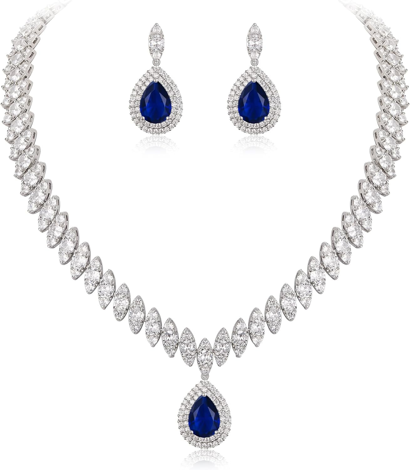 Women'S CZ Marquise-Shaped Leaf Teardrop Pendant Necklace Earrings Set Silver-Tone