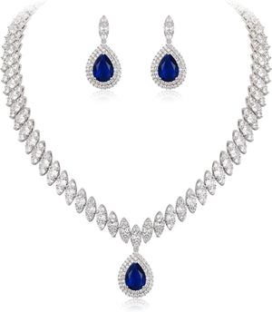 Women'S CZ Marquise-Shaped Leaf Teardrop Pendant Necklace Earrings Set Silver-Tone