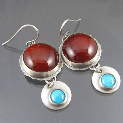 Red Agate and Turquoise Earrings Retro 925 Silver Plated Beautiful RUBY EARRINGS