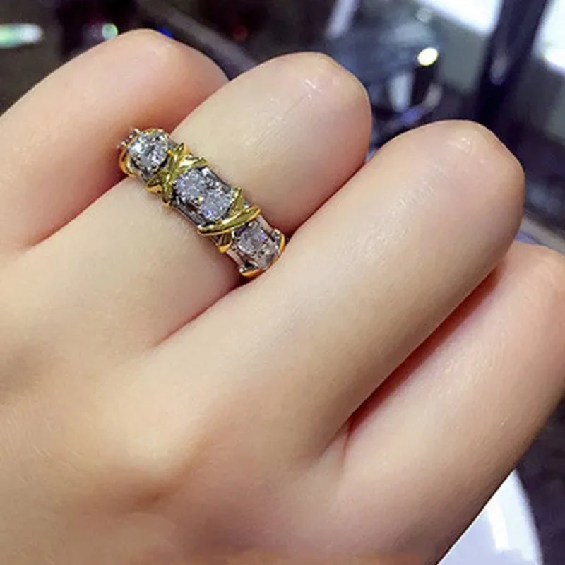 Brand Jewelry Lady's 925 Sterling Silver Tanzanite Couple rings Yellow Gold Cross Eternal Band Wedding Ring for Women size 5-12