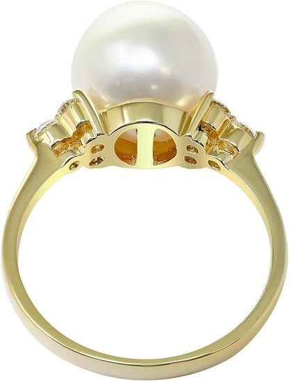 14K Yellow Gold Freshwater Pearl 10.5 Mm with Diamonds Ring, Size 7