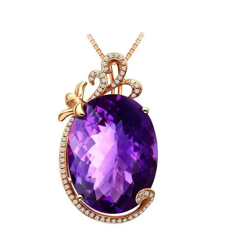 Fashion Amethyst Flower Pendant Necklace Water Drop Cubic Ziconia Earrings Four Leaf Clover Bracelet Double Heart Open-End Ring Jewelry Set For Women Gift