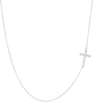 0.055 Carat Diamond Side Cross Pendant Necklace for Women in 925 Sterling Silver on 18 Inch Chain with Spring Ring