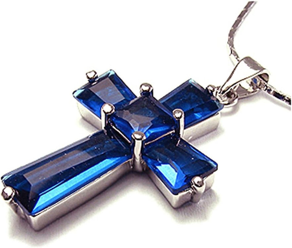 Cross Pendant with 18" Chain & Trapezoid Square Cut CZ [7 Colors Available] in White Gold Plated, Simple Modern Elegant