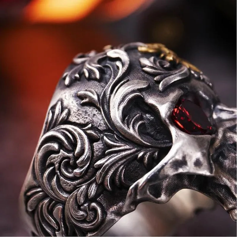 Vintage 316L Stainless Steel Carved Exquisite Pattern Skull Ring Men's Ruby Ring Antique Art Totem Ring Gothic Punk Jewelry Gift