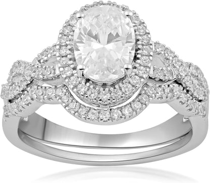 Halo Bridal Ring in Sterling Silver with Oval and round Shape Cubic Zirconia