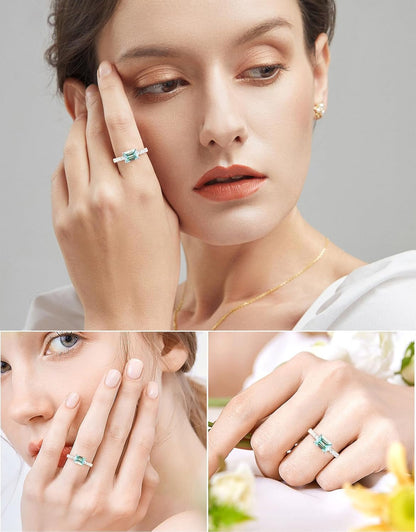 Moissanite Engagement Rings for Women,D Color VVS1 3 Stones Emerald Cut S925 Sterling Silver Plated 18K White Gold Wedding Promise Anniversary Rings for Her
