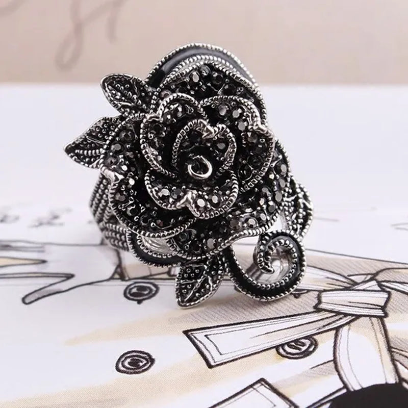 US/UK Trendy Women Retro Rose Flower Ring Black Crystal Vantige Big Flower Rings Jewelry Gift