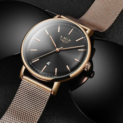 2019 LIGE Luxury Rose Gold Ladies Watch Simple Fashion Casual Ladies Watch Ultra-Thin Waterproof Quartz Watch Montre Femme