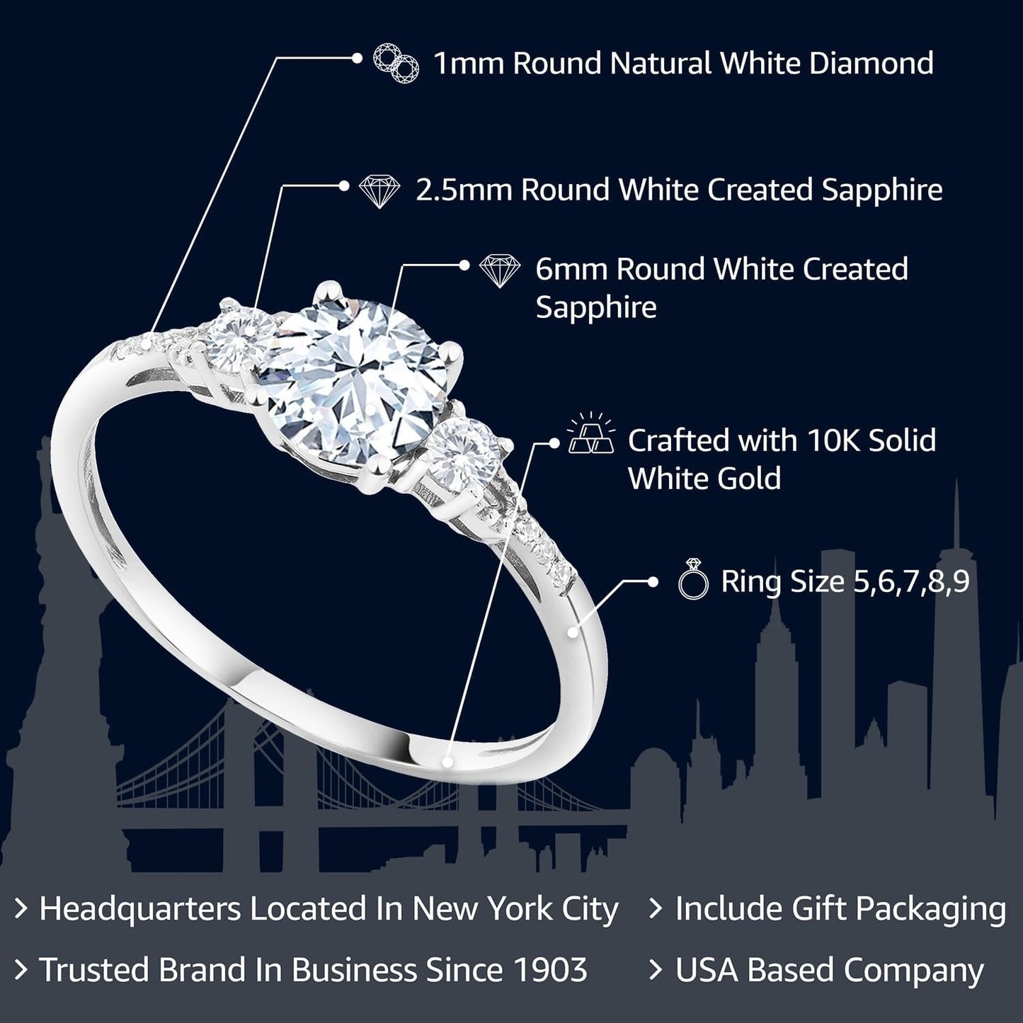 10K White Gold 6MM round Gemstone Birthstone White Created Sapphire & White Diamond Accent 3-Stone Engagement Ring | Three-Stone Wedding Anniversary Promise Ring for Women