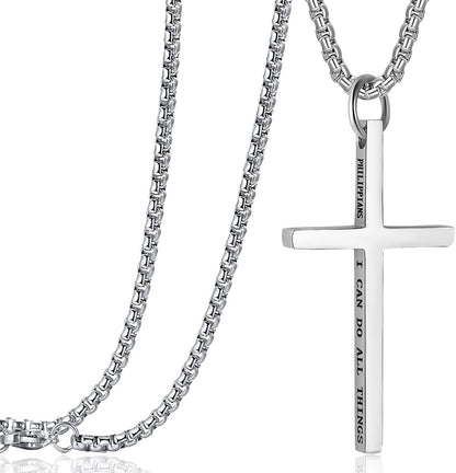 Cross Pendant Necklaces for Men Women Philippians 4:13 Bible Verse I Can Do All Things Stainless Steel Chain 16/20/24/28 Inchs Black Silver Gold
