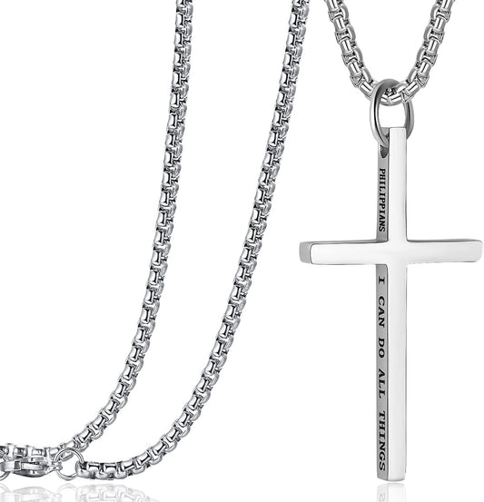 Cross Pendant Necklaces for Men Women Philippians 4:13 Bible Verse I Can Do All Things Stainless Steel Chain 16/20/24/28 Inchs Black Silver Gold