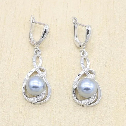 1/4Pcs Women Wedding Jewelry Set Gray Pearl Silver Color Bracelet Earring Necklace Pendant Ring Birthday Gift
