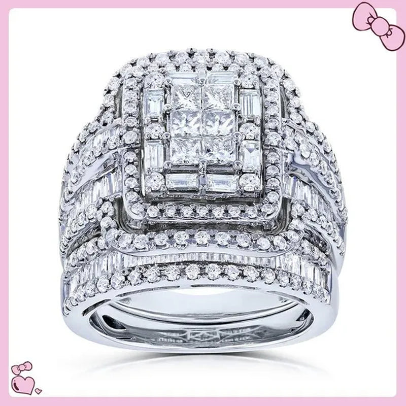 2Pcs Set Wedding Band Rings Set Princess Cut Square Zirconia Diamond Rings for Women Bridal Lover Gifts