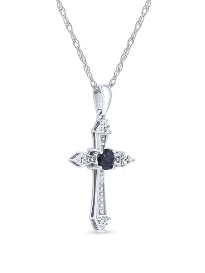 Gemstone 10K White Gold round Cut Blue Sapphire Diamond Accent Cross Necklace