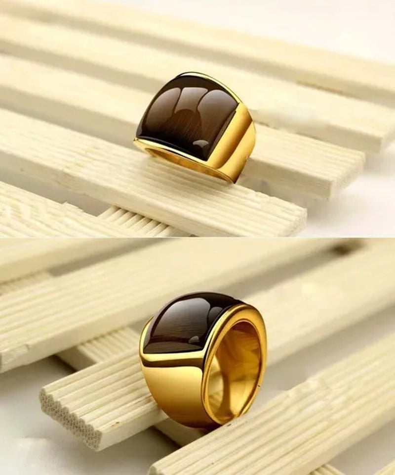 New Fashion Rings 316L Stainless Steel Gold Plated Simple Jewelry Ring With Opal For Men