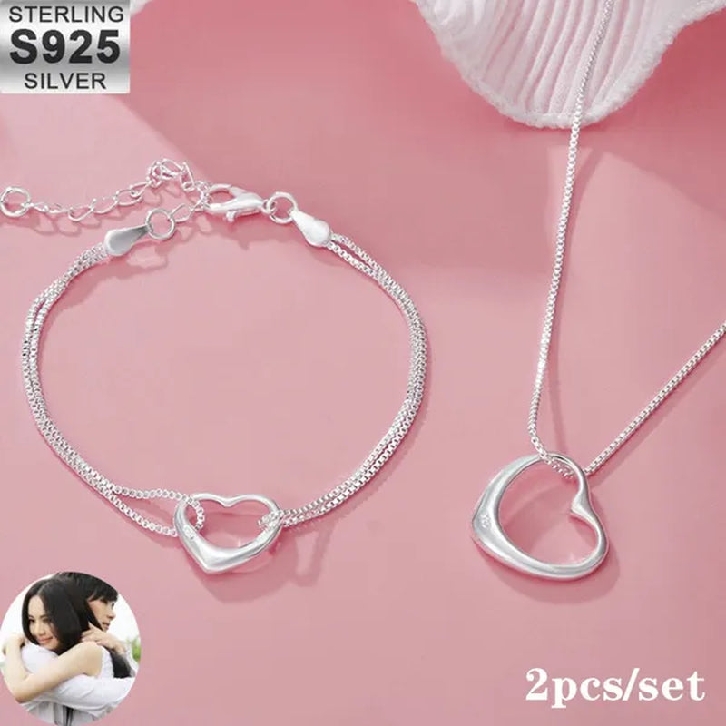 Fashion Jewelry Exquisite Women's 925 Sterling Silver Charm Heart Bracelets Necklaces for Wedding Party Christmas Gift Jewelry Set