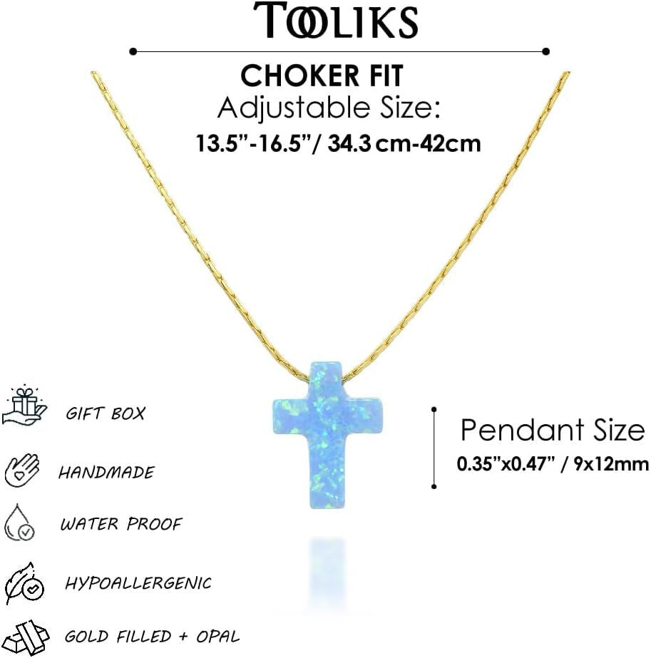 Opal Cross Choker Necklace – Thin Chain, Gold Filled or Silver, Blue or White, 13.5–16.5”