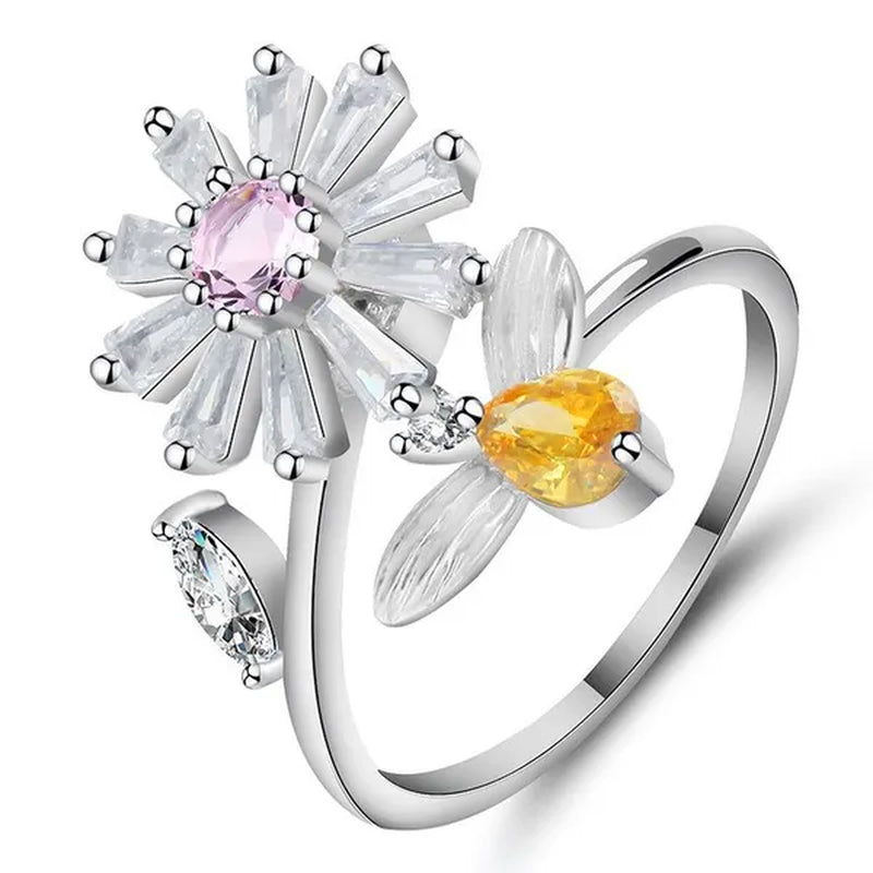 Flower Bees Silver Multicolor Creative Sweet Cute Princess Rings Daisy Opening Ring Adjustable Ring Anniversary Statement Natural Gemstones Pink Sapphire White Sapphire Ring