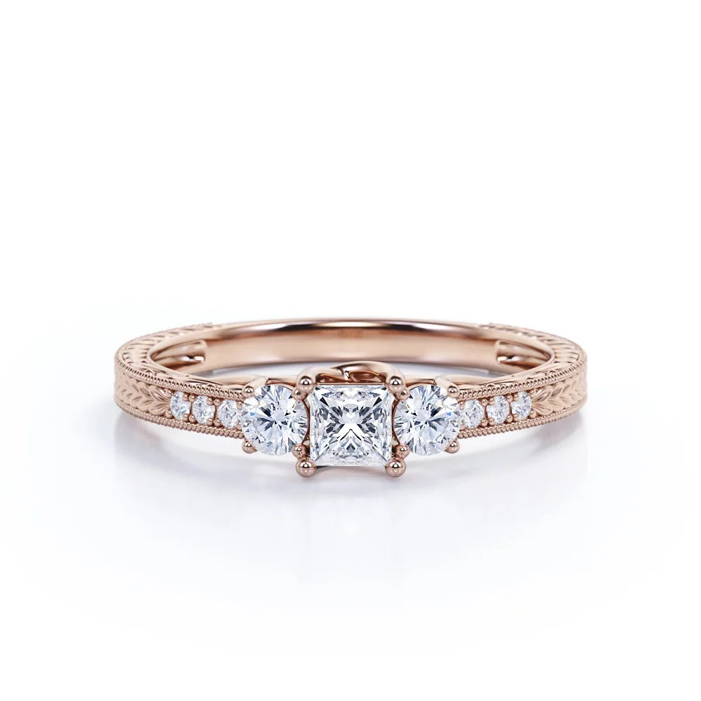 Vintage Half Carat Princess Cut Diamond - Channel Set Band - Edwardian Engagement Ring in 10K Rose Gold