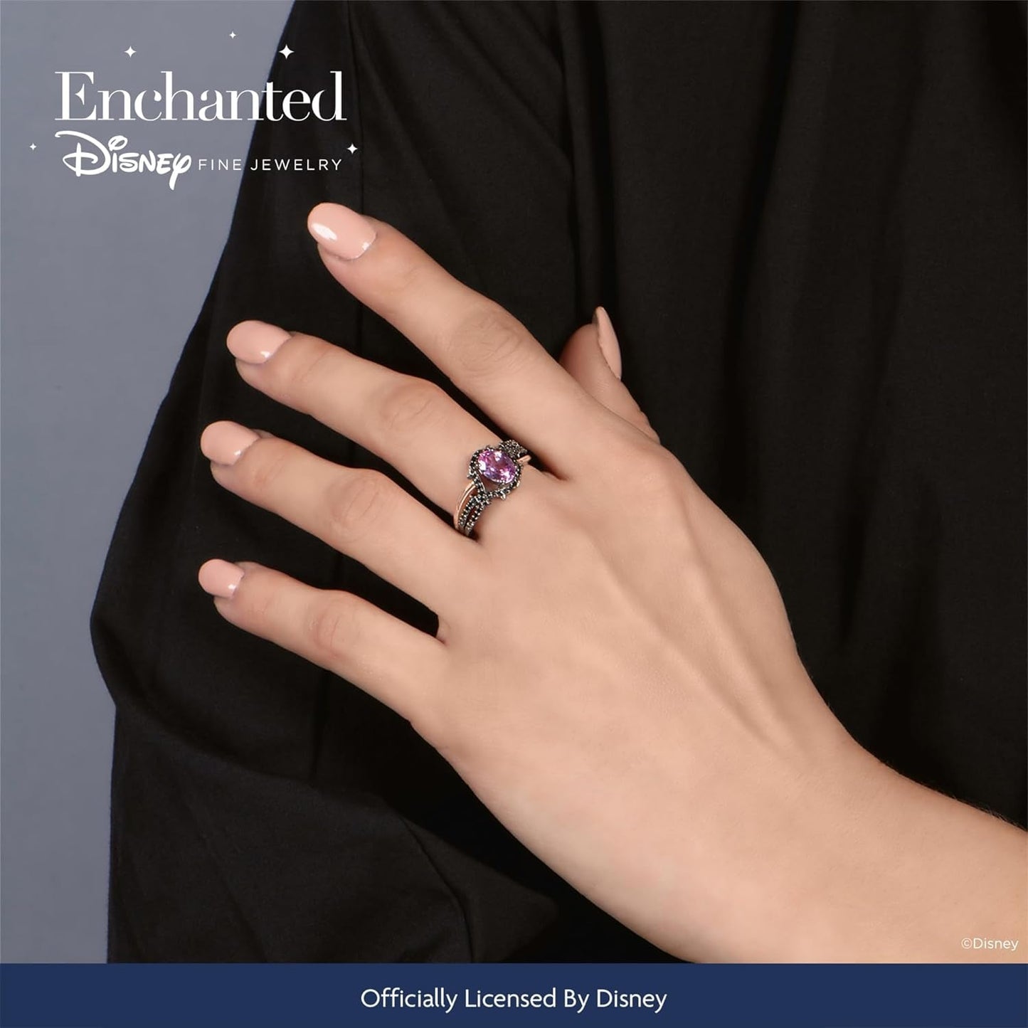 Enchanted Disney Fine Jewelry 14K Rose Gold over Sterling Silver with Black Rhodium Oval Created Pink Sapphire and 1/4 Cttw Treated Black round Diamond Maleficent Ring