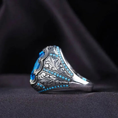 European and American Hot Selling Sapphire Retro Rings for Men, Antique Silver Inlaid Sapphires with Diamonds Luxury Fashion Men's Retro Rings, Classic Atmosphere, Party Business Casual Jewelry, Wedding Accessories, Anniversary Gifts