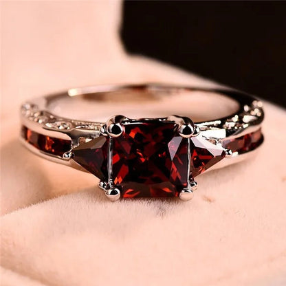 Women Silver Plated Princess Cut Garnet Red Ruby Wedding Ring Party Jewelry Gifts Size 4 5 6 7 8 9 10 11